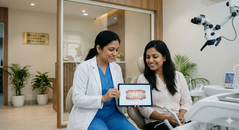 A Bhubaneswar dentist provides personalized, no-wait consultation to a smiling patient at the modern Dental Care Center Bhubaneswar, demonstrating the expert expertise of a private dental clinic in Bhubaneswar. private dental clinic in Bhubaneswar