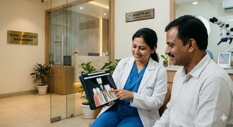 Dentist at Dental Care Center Bhubaneswar consults with a patient using a tablet to explain the structure of a dental implant, illustrating the cost components for dental implants in Bhubaneswar. Cost of Dental Implants in Bhubaneswar