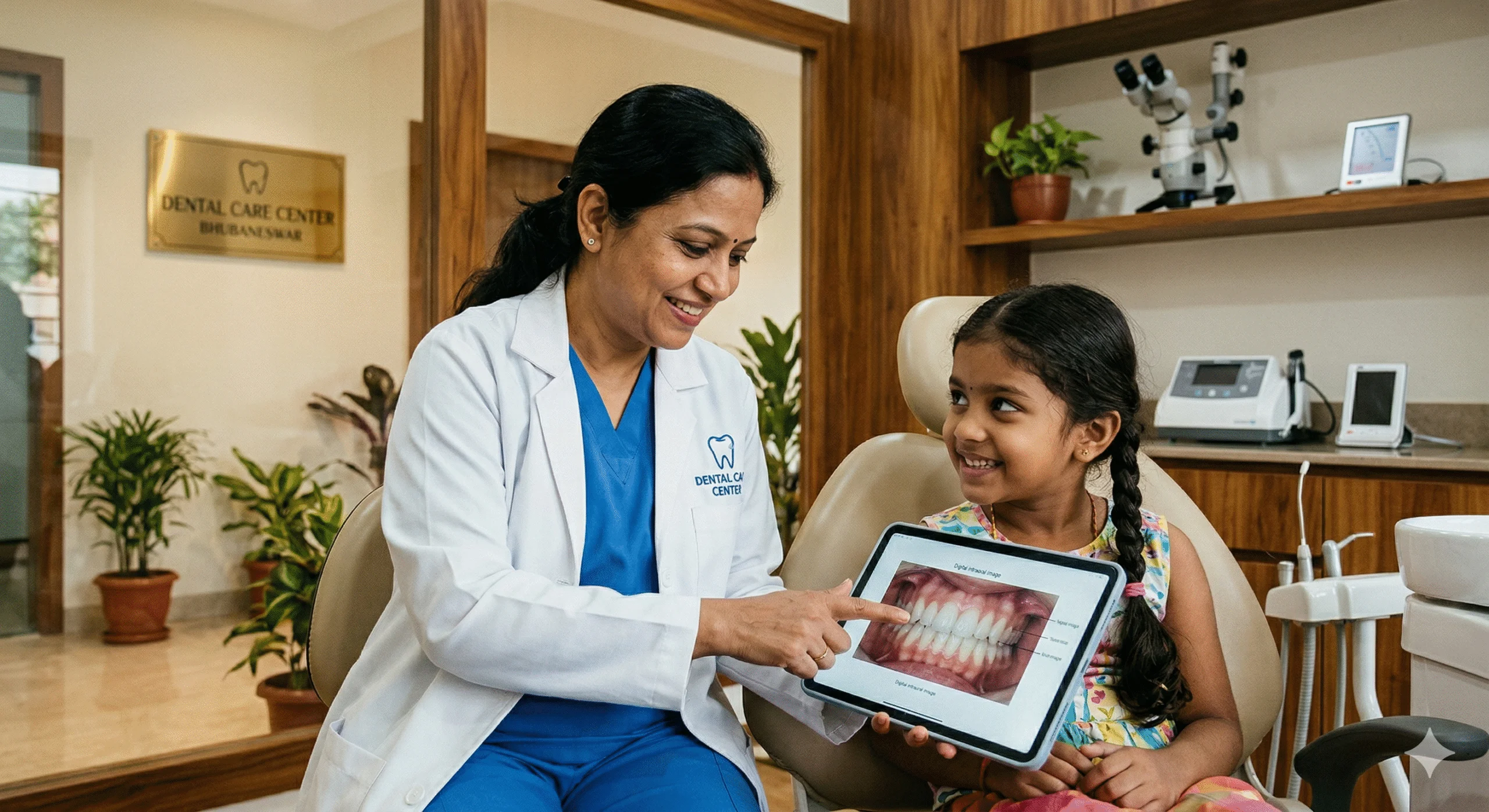An experienced dentist at Dental Care Center Bhubaneswar consults with a young patient, pointing to a dental scan on a tablet in a modern, welcoming clinic. Best Dentist in Bhubaneswar
