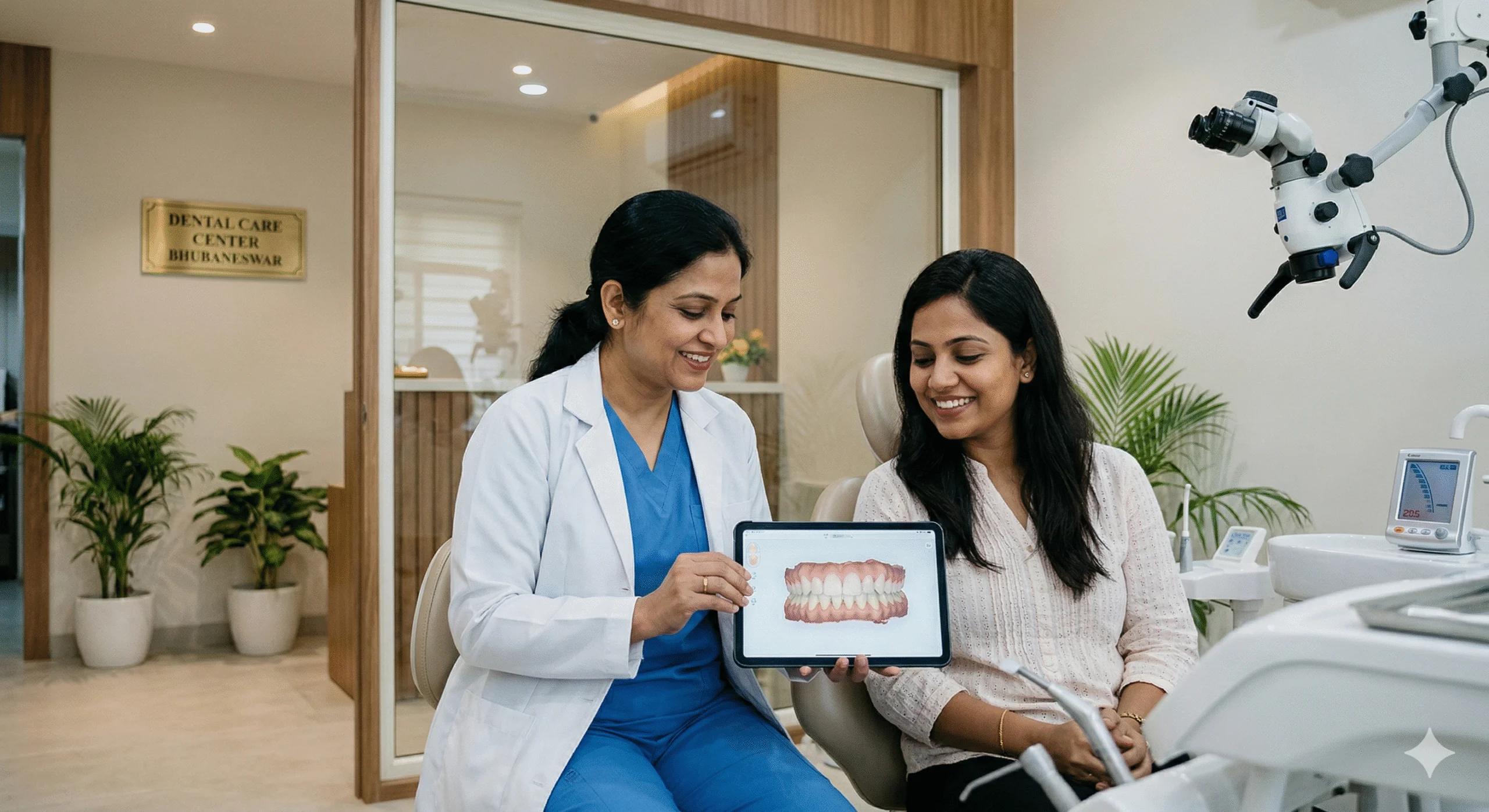 A Bhubaneswar dentist provides personalized, no-wait consultation to a smiling patient at the modern Dental Care Center Bhubaneswar, demonstrating the expert expertise of a private dental clinic in Bhubaneswar. private dental clinic in Bhubaneswar