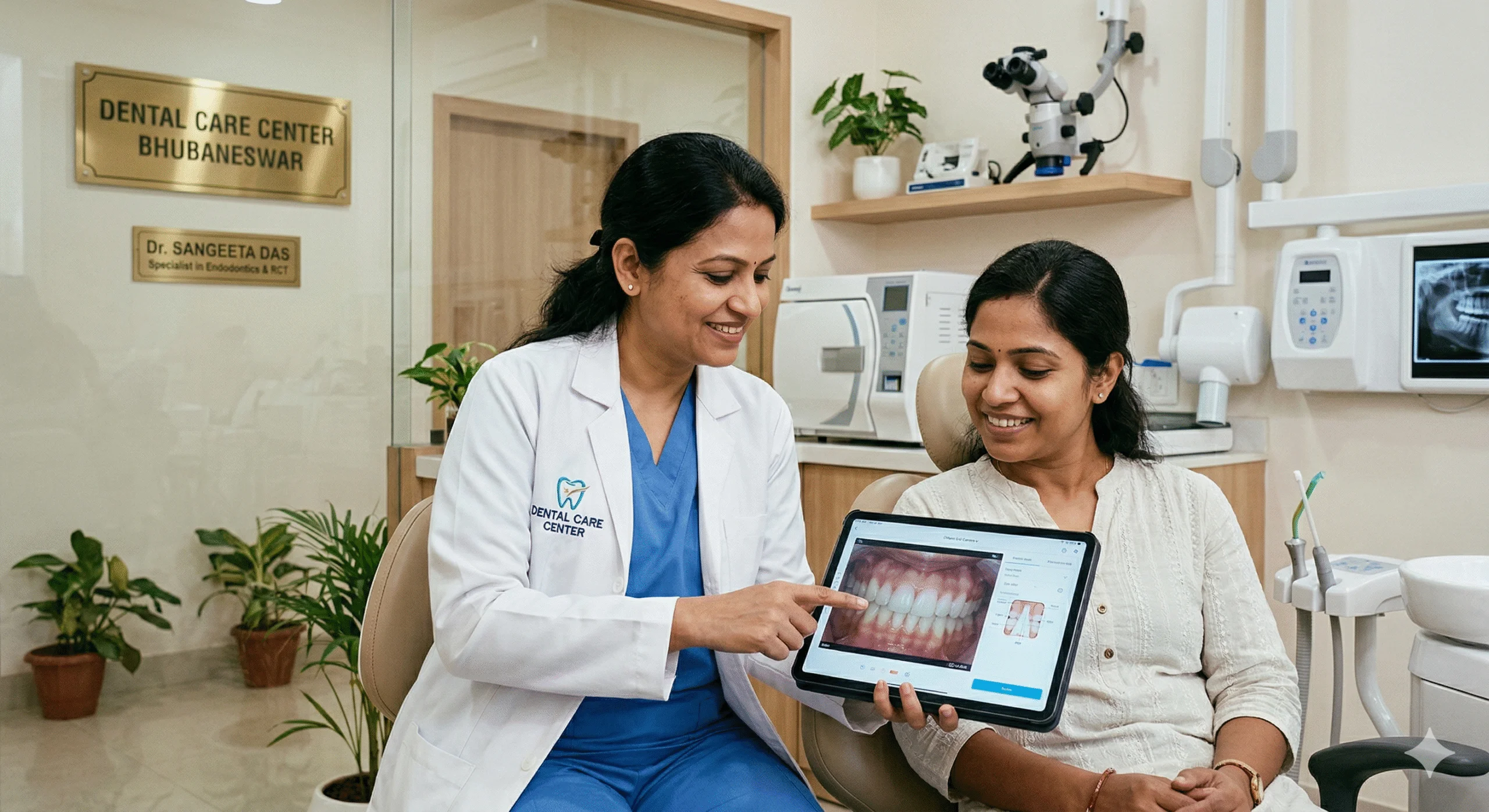 Dentist at Dental Care Center Bhubaneswar using a tablet to explain a dental scan to a smiling patient in a modern dental clinic setting. Best dental clinic in bhubaneswar