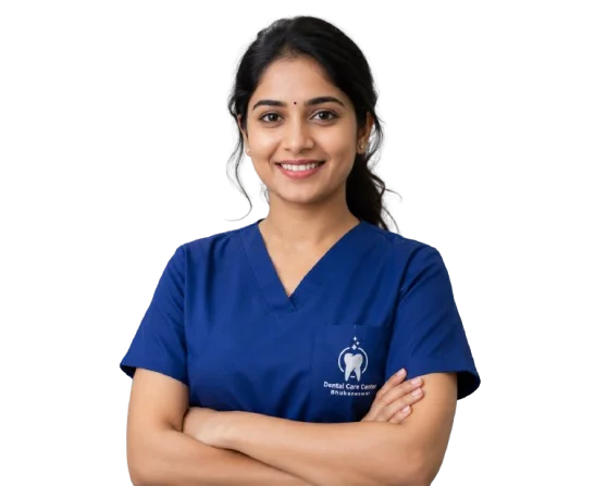 Professional dentist at Dental Care Center Bhubaneswar wearing blue scrubs in a modern dental clinic.